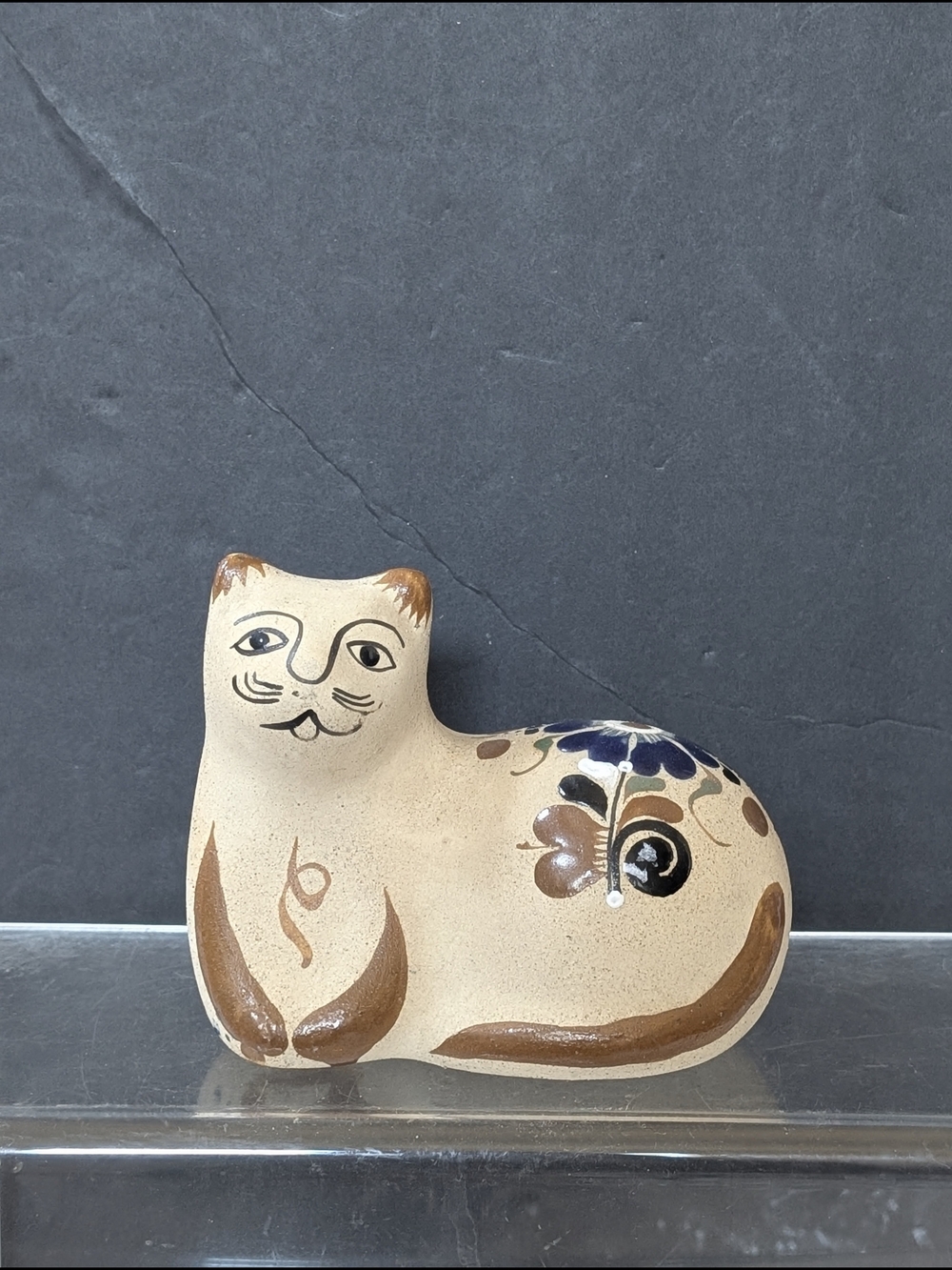 Handcrafted Pottery Mexican Tonala Folk Art Beige Ceramic Cat Figurine